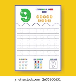 Number Nine Tracing and Coloring Worksheet for Kids