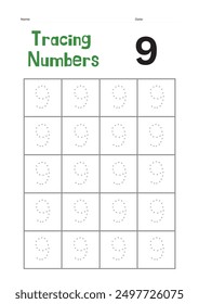number nine tracing letter for preschool kids activity worksheets with exercises vector download