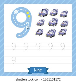 Number nine tracing practice worksheet with 9 concrete mixer trucks for kids learning to count and to write. Vector Illustration.