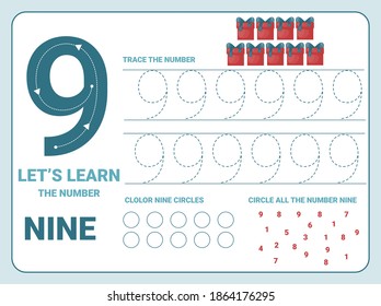 Number nine tracing practice worksheet with 9 christmas gifts for kids learning to count and to write. Worksheet for learning numbers. Number 9. Training write and count numbers. Coloring exercises