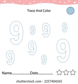 Number nine tracing practice worksheet for kids learning to count and to write. Worksheet for learning numbers. Number 9. Training write and count numbers. Coloring exercises