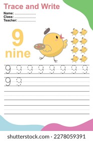 Number nine tracing practice worksheet with 9 chicks painting. Page for kids learning to count and to write. Vector Illustration. Exercise for children to recognize the number.