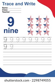 Number nine tracing practice worksheet with 9 American stars for kids learning to count and to write with 4th July theme. Vector Illustration. Exercise for children to recognize the number.