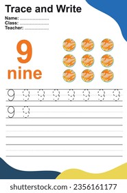 Number nine tracing practice worksheet with nine planets Venus. Page for kids learning to count and to write. Vector Illustration. Exercise for children to recognize the number.