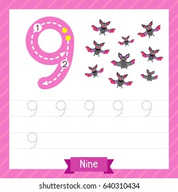 Number nine tracing practice worksheet with 9 bats for kids learning to count and to write. Vector Illustration.