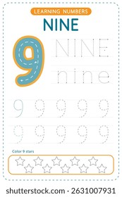 Number nine tracing. Preschool worksheets. Writing practice for kids. Vector design.