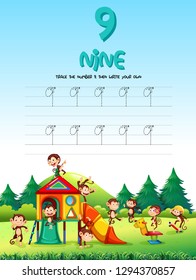 Number nine tracing worksheets illustration