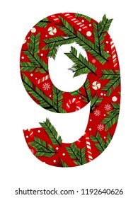 Number nine . Vector Design Background. Illustration of a Christmas style.