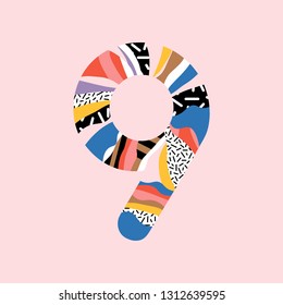 Number nine vector font alphabet. Signs in line flat style. Cute modern capital numbers. Vector trendy flat line figures. Number 9 for birthday, anniversary design, price or discount label