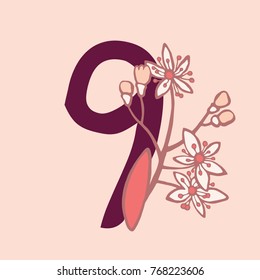 Number Nine. Vector hand drawn floral monogram decorated with fruits and flowers. Perfect for posters, invitation, greeting card, webs graphics, blog, banner, logo