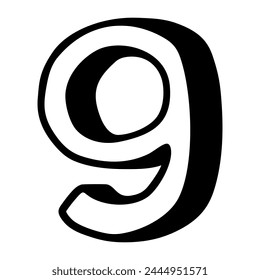 Number nine vector icon in doodle style. Symbol in simple design. Cartoon Figure of 9 hand drawn isolated on white background.