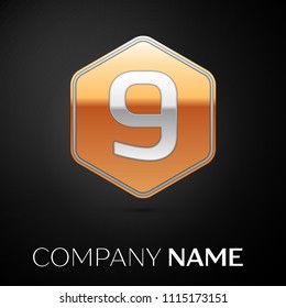 Number Nine vector logo symbol in the golden hexagonal on black background. Vector template for your design