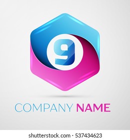Number nine vector logo symbol in the colorful hexagonal on grey background. Vector template for your design