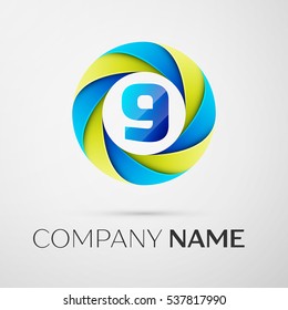 Number nine vector logo symbol in the colorful circle on grey background. Vector template for your design