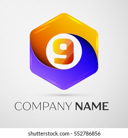Number nine vector logo symbol in the colorful hexagonal on grey background. Vector template for your design