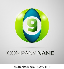 Number nine vector logo symbol in the colorful circle on grey background. Vector template for your design