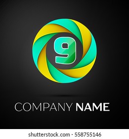 Number nine vector logo symbol in the colorful circle on black background. Vector template for your design
