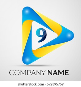 Number nine vector logo symbol in the colorful triangle on grey background. Vector template for your design