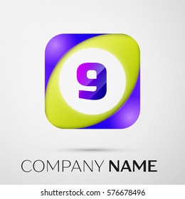 Number nine vector logo symbol in the colorful square on grey background. Vector template for your design