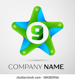 Number nine vector logo symbol in the colorful star on grey background. Vector template for your design