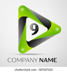 Number nine vector logo symbol in the colorful triangle on grey background. Vector template for your design