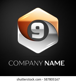 Number nine vector logo symbol in the colorful hexagonal on black background. Vector template for your design