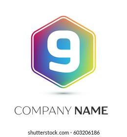 Number nine vector logo symbol in the colorful hexagonal on grey background. Vector template for your design
