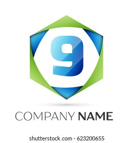 Number nine vector logo symbol in the colorful hexagonal on grey background. Vector template for your design