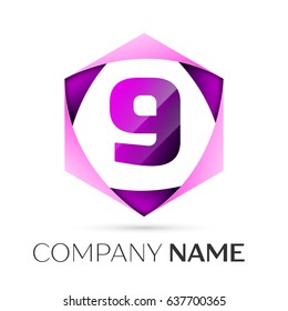 Number nine vector logo symbol in the colorful hexagonal on grey background. Vector template for your design