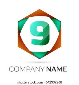 Number nine vector logo symbol in the colorful hexagonal on grey background. Vector template for your design