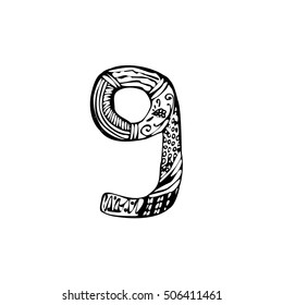 The number nine. Vintage. Doodle, Zentangle. Hand draw. Vector illustration on isolated background