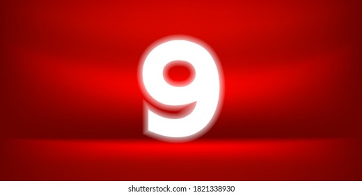 Number nine white glow on red luxurious background, No. 9 on red background, Number 9 for Banner Anniversary