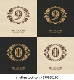 Number nine and zero calligraphic graceful template, Vector illustration