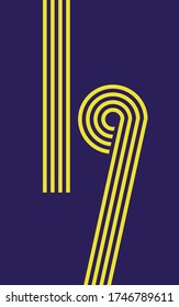 Number Nineteen 19 made out of concentric yellow lines isolated on purple background