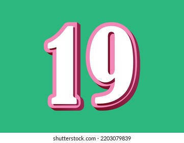 Number nineteen. 3D number. Pink figures on green background