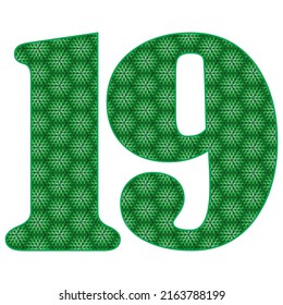 Number Nineteen With Leaves Pattern Vector Illustration. Green Number 19 With Ecological Texture Isolated On A White Background
