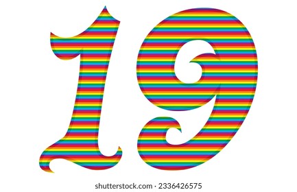 Número Diecinueve Con Ilustración De Vector De Patrones De Colores Arcoiris. Número 19 En Colores De Bandera LGBT