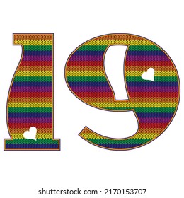 Number Nineteen With Rainbow LGBT Pattern. Number 19 Isolated On A White Background. Knitted Pattern In LGBT Flag Colors
