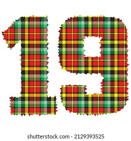 Number Nineteen With Textile Texture. Number 19 With Plaid Pattern Isolated On A White Background
