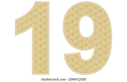 Number Nineteen Vector Illustration. Number 19 With Random Size Hexagonal Honeycomb Pattern Isolated On A White Background
