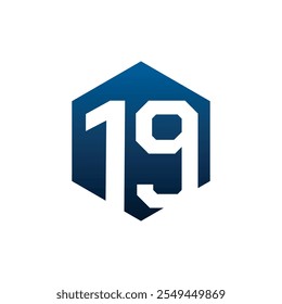 Number nineteen vector logo symbol in the dark blue hexagonal on white background. Vector template for your design