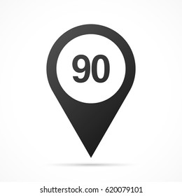 Number Ninety, 90 on map pin. Location pointer isolated on a white background.
Conceptual vector illustration.