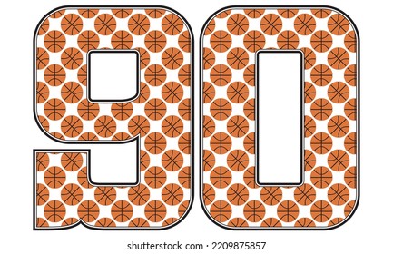 Número Noventa Con Ilustración Del Vector De Patrón De Baloncesto. Número 90 Aislado En Un Fondo Blanco
