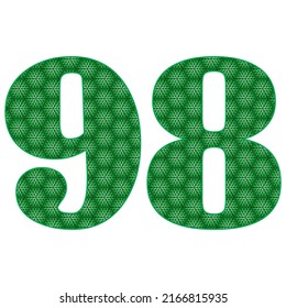 Number Ninety Eight With Leaves Pattern Vector Illustration. Green Number 98 With Ecological Texture Isolated On A White Background
