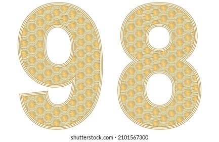 Number Ninety Eight Vector Illustration. Number 98 With Random Size Hexagonal Honeycomb Pattern Isolated On A White Background

