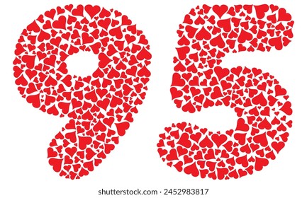 Number Ninety Five With Red Hearts Love Pattern Vector Illustration. Number 95 Isolated On A White Background
