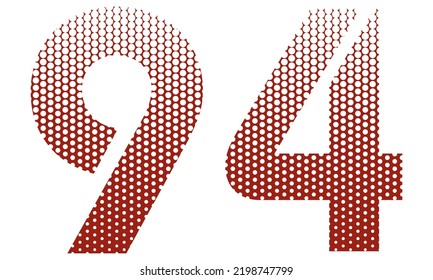 Number Ninety Four With Red And White Dotted Pattern Vector Illustration. Number 94 Isolated On A White Background
