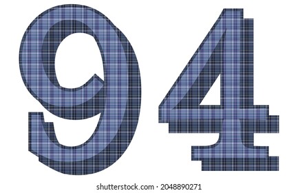 Number Ninety Four With Textile Texture Vector Illustration. Number 94 With Plaid Pattern Isolated On A White Background
