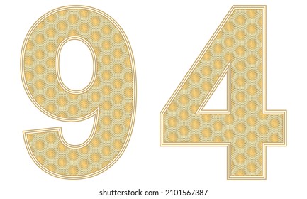 Number Ninety Four Vector Illustration. Number 94 With Random Size Hexagonal Honeycomb Pattern Isolated On A White Background
