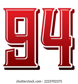 Number Ninety Four Vector Illustration. Number 94 Isolated On A White Background
